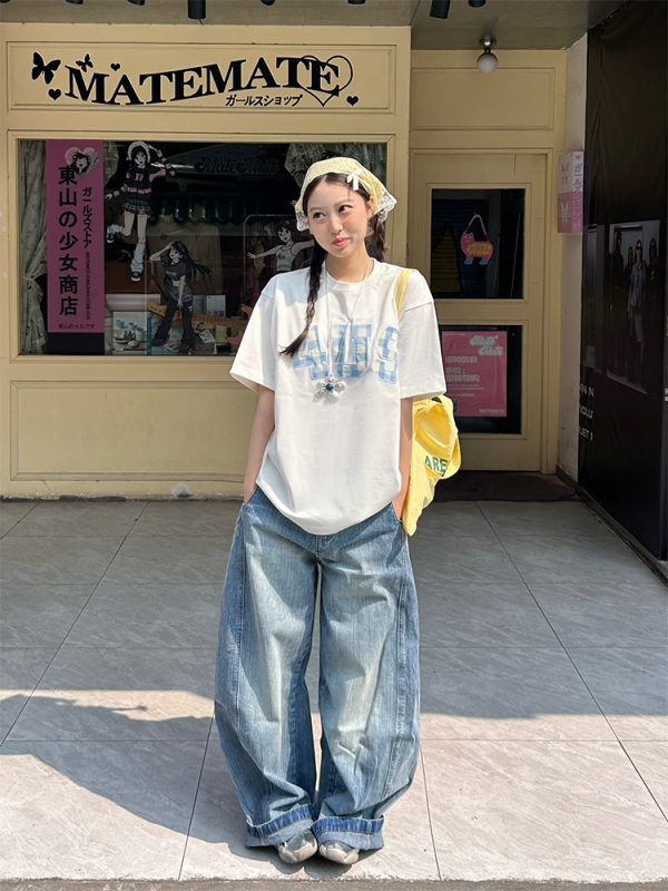 Plaid Patch Embroidery Loose Base T-Shirt for Couples - Spring Summer National Trend Short Sleeve Top