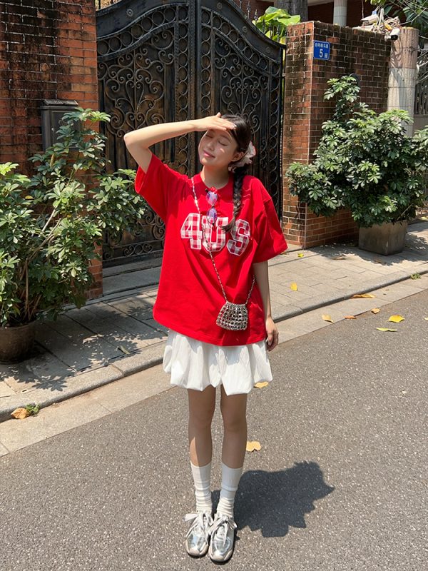 Plaid Patch Embroidery Loose Base T-Shirt for Couples - Spring Summer National Trend Short Sleeve Top
