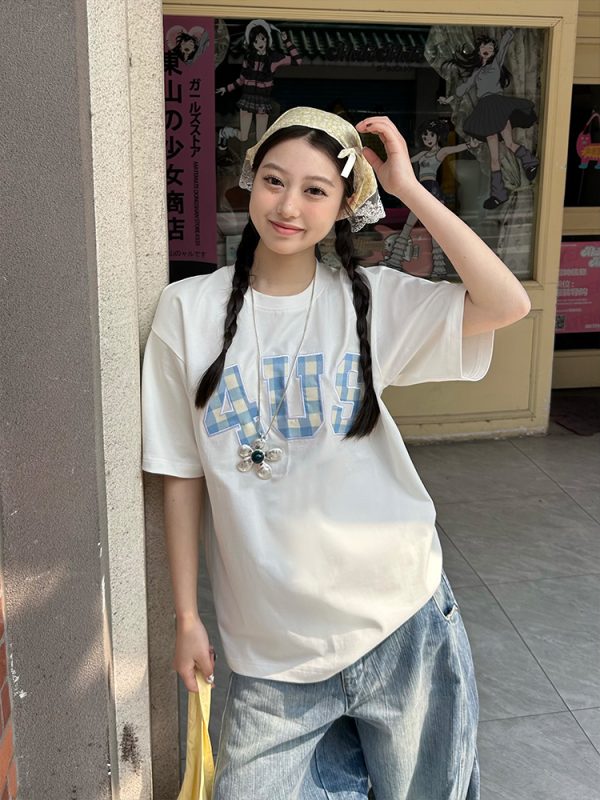 Plaid Patch Embroidery Loose Base T-Shirt for Couples - Spring Summer National Trend Short Sleeve Top