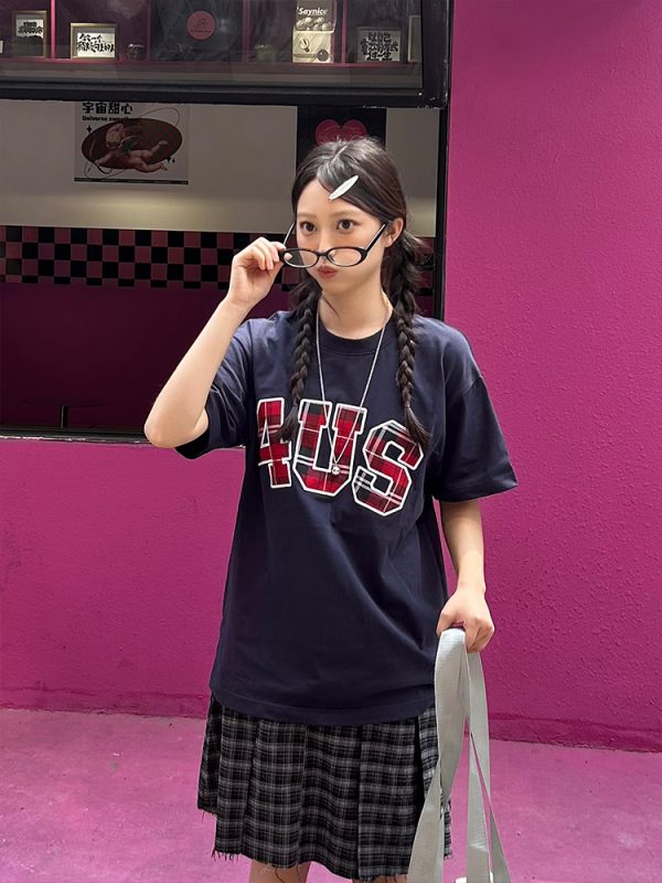 Plaid Patch Embroidery Loose Fit T-Shirt for Couples - Spring Summer National Trend Short Sleeve Top