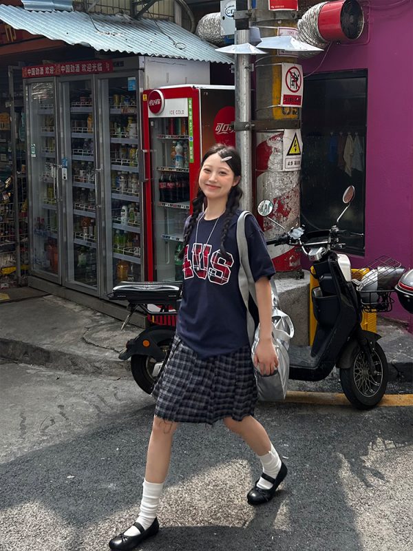 Plaid Patch Embroidery Loose Fit T-Shirt for Couples - Spring Summer National Trend Short Sleeve Top