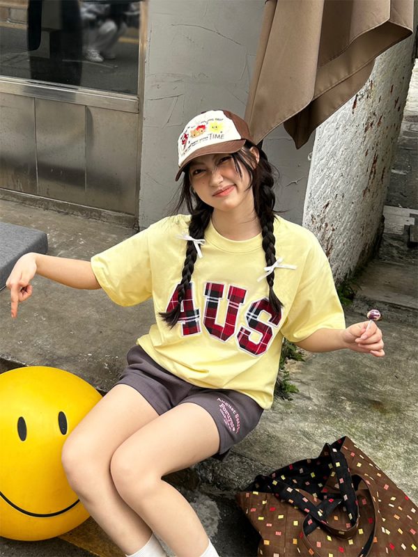 Plaid Patch Embroidery Loose Fit T-Shirt for Couples - Spring Summer National Trend Short Sleeve Top