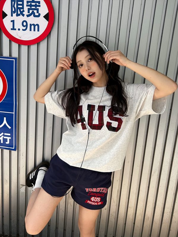 Plaid Patch Embroidery Loose Fit T-Shirt for Couples - Spring Summer National Trend Short Sleeve Top