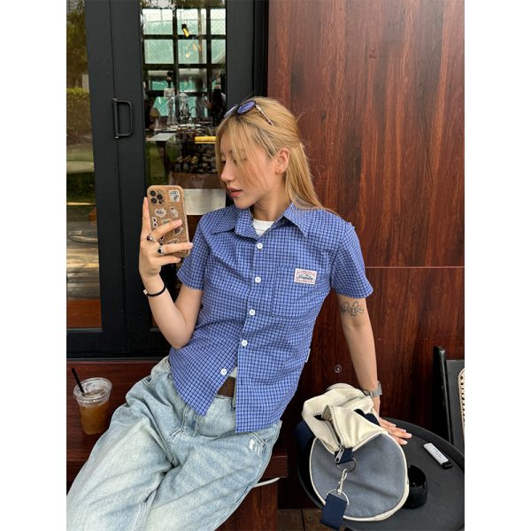 Plaid Short Sleeve Polo Shirt for Women - American High Street Style, Slim Fit, Summer Trendy Top
