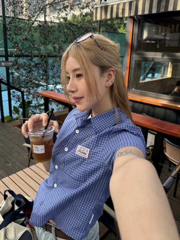 Plaid Short Sleeve Polo Shirt for Women - American High Street Style, Slim Fit, Summer Trendy Top