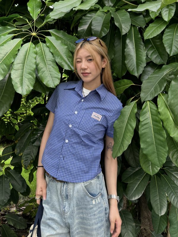Plaid Short Sleeve Polo Shirt for Women - American High Street Style, Slim Fit, Summer Trendy Top