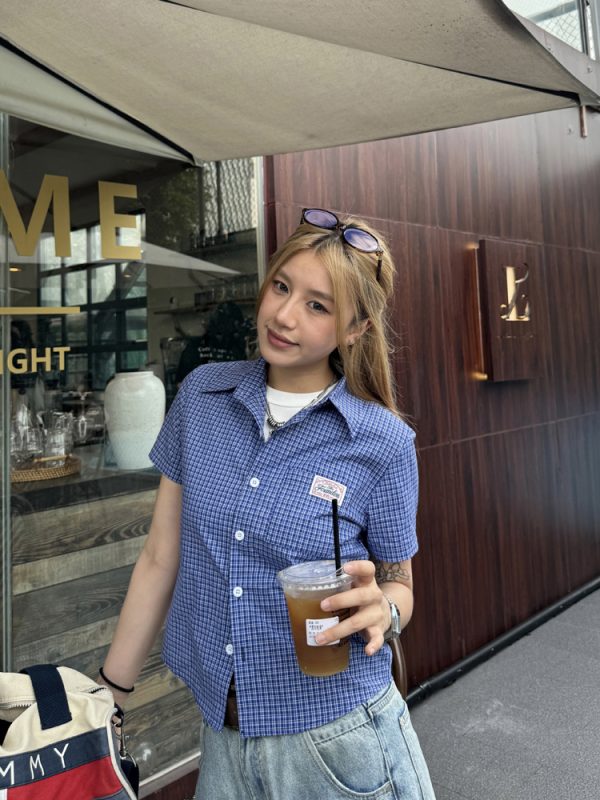 Plaid Short Sleeve Polo Shirt for Women - American High Street Style, Slim Fit, Summer Trendy Top
