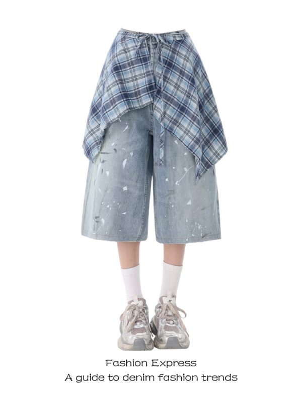 Plaid Split Hem Denim Pants for Women - Summer Color Block Ink Splash Design, Trendy Three-Quarter Length Street Style