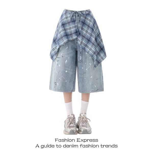 Plaid Split Hem Denim Pants for Women - Summer Color Block Ink Splash Design, Trendy Three-Quarter Length Street Style