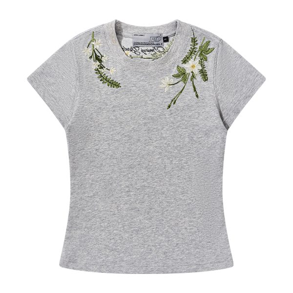 Plant-Themed Floral Embroidery Slim-Fit Round Neck Short Sleeve T-Shirt for Women - Trendy Korean Style Kids Fashion