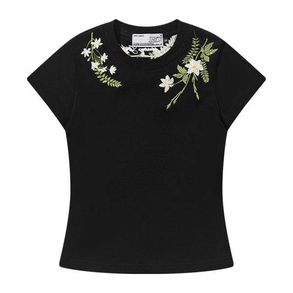 Plant-Themed Floral Embroidery Slim-Fit Round Neck Short Sleeve T-Shirt for Women - Trendy Korean Style Kids Fashion