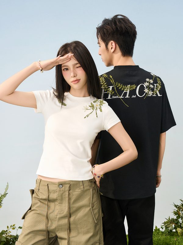 Plant-Themed Floral Embroidery Slim-Fit Round Neck Short Sleeve T-Shirt for Women - Trendy Korean Style Kids Fashion