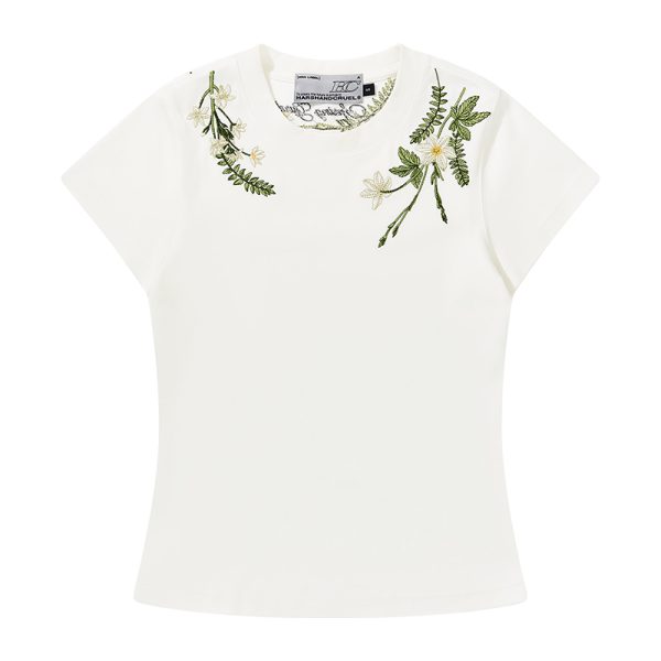 Plant-Themed Floral Embroidery Slim-Fit Round Neck Short Sleeve T-Shirt for Women - Trendy Korean Style Kids Fashion