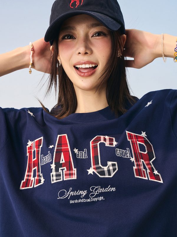Playful Color-Blocked Checkered Patch Embroidery Loose Couple Short-Sleeve T-Shirt - Trendy Y2K Style for Effortless Vibes