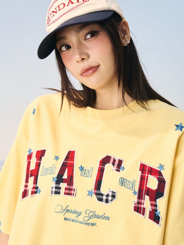 Playful Color-Blocked Checkered Patch Embroidery Loose Couple Short-Sleeve T-Shirt - Trendy Y2K Style for Effortless Vibes