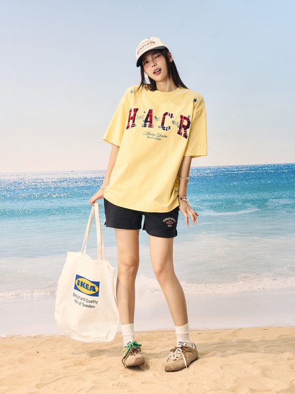 Playful Color-Blocked Checkered Patch Embroidery Loose Couple Short-Sleeve T-Shirt - Trendy Y2K Style for Effortless Vibes
