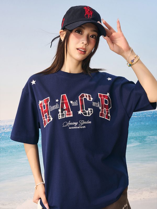 Playful Color-Blocked Checkered Patch Embroidery Loose Couple Short-Sleeve T-Shirt - Trendy Y2K Style for Effortless Vibes