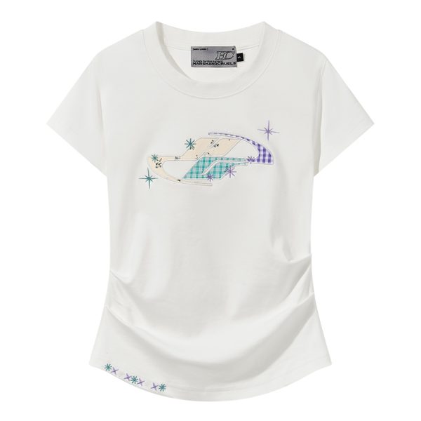 Playful Floral Patchwork Embroidered Pleated Fitted Round Neck Short Sleeve T-Shirt for Women - Y2K Inspired Style
