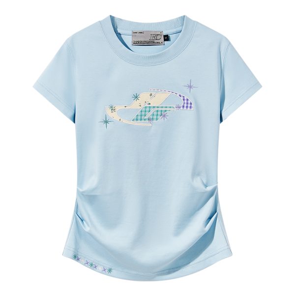 Playful Floral Patchwork Embroidered Pleated Fitted Round Neck Short Sleeve T-Shirt for Women - Y2K Inspired Style