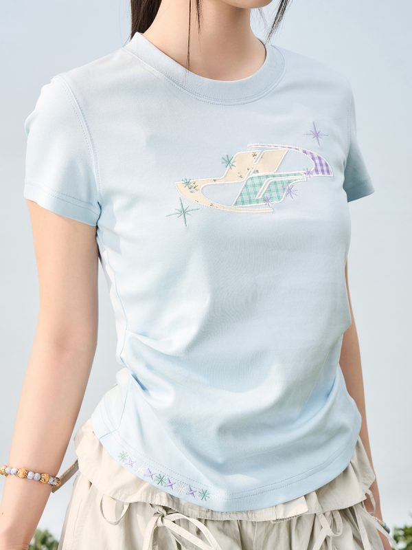 Playful Floral Patchwork Embroidered Pleated Fitted Round Neck Short Sleeve T-Shirt for Women - Y2K Inspired Style