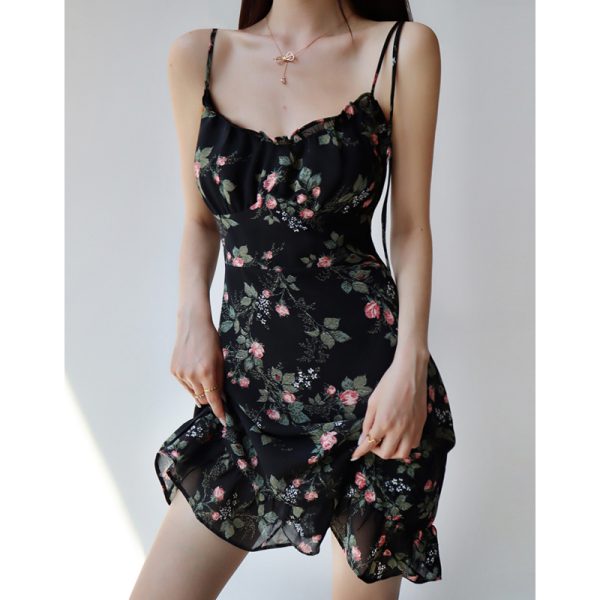 Playful Floral V-Neck Slip Dress - French Style High-Waisted Elastic Tie Long Leg Drape for Effortless Y2K Chic