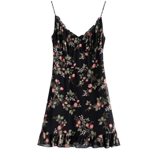 Playful Floral V-Neck Slip Dress - French Style High-Waisted Elastic Tie Long Leg Drape for Effortless Y2K Chic