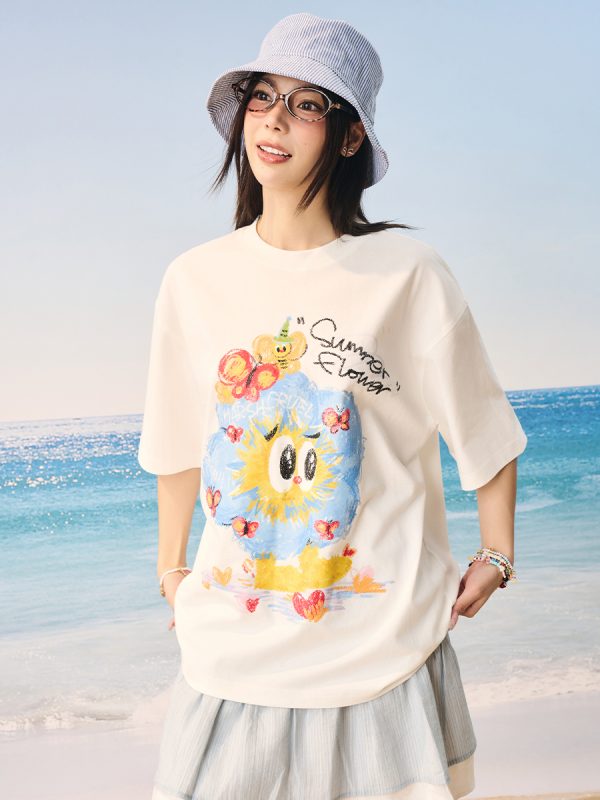 Playful Hand-Painted Apple Tree Print Loose Round Neck Short Sleeve T-Shirt for Men and Women - Casual Unisex Fashion Top