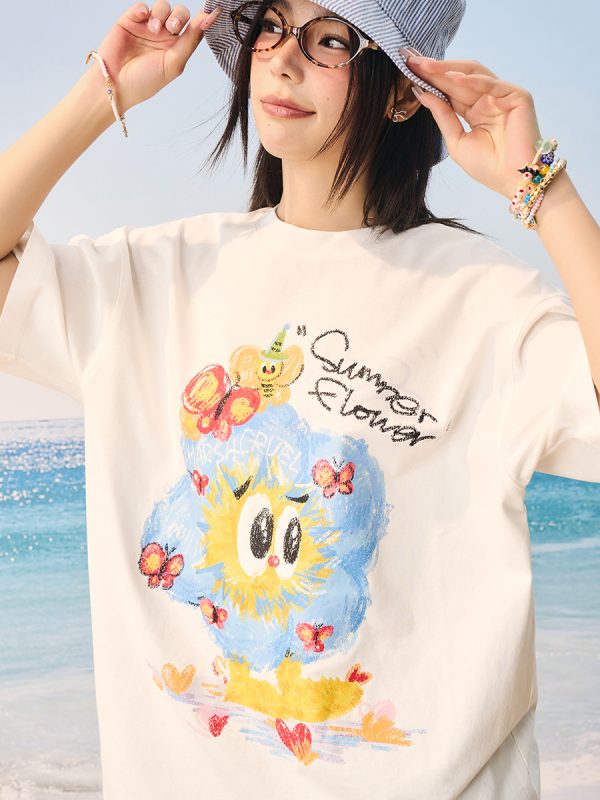 Playful Hand-Painted Apple Tree Print Loose Round Neck Short Sleeve T-Shirt for Men and Women - Casual Unisex Fashion Top