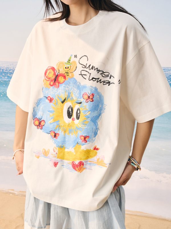 Playful Hand-Painted Apple Tree Print Loose Round Neck Short Sleeve T-Shirt for Men and Women - Casual Unisex Fashion Top