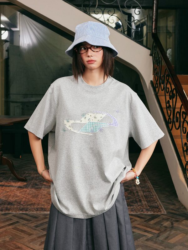 Playful Patchwork Floral Embroidered Loose Short-Sleeve T-Shirt - Energetic National Trend Couple Style, Perfect for Y2K Fashion