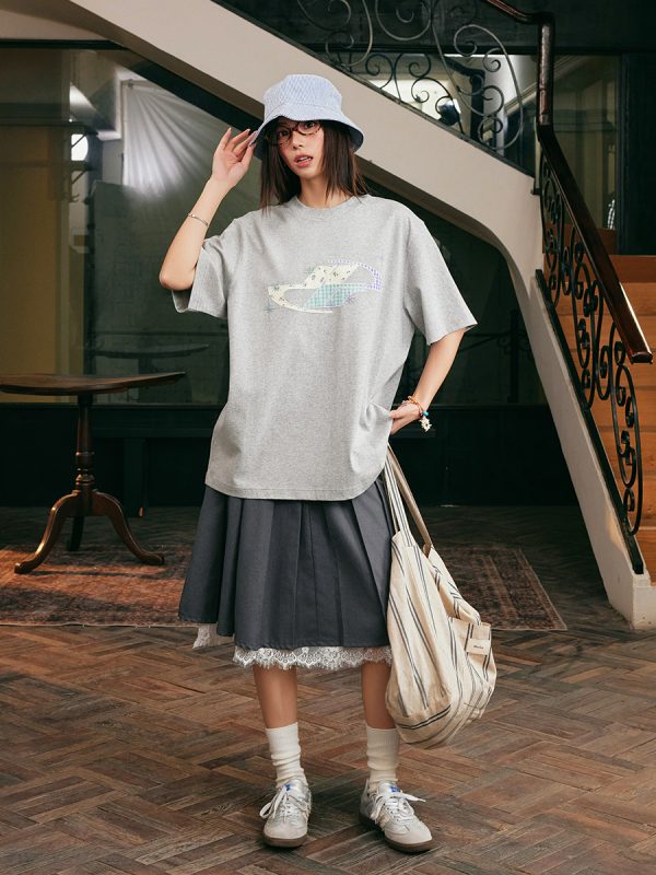 Playful Patchwork Floral Embroidered Loose Short-Sleeve T-Shirt - Energetic National Trend Couple Style, Perfect for Y2K Fashion
