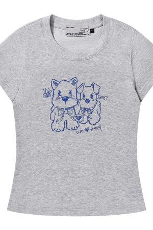 Playful Puppy Hand-Drawn Loose-Fitting Short Sleeve T-Shirt for Couples, Unisex, National Trend, Casual Streetwear