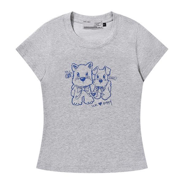Playful Puppy Hand-Drawn Loose-Fitting Short Sleeve T-Shirt for Couples, Unisex, National Trend, Casual Streetwear