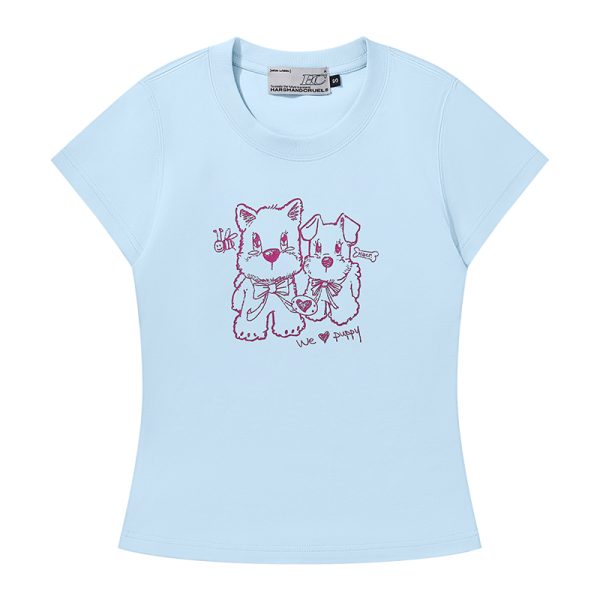 Playful Puppy Hand-Drawn Loose-Fitting Short Sleeve T-Shirt for Couples, Unisex, National Trend, Casual Streetwear
