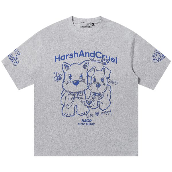 Playful Puppy Hand-Drawn Loose-Fitting Short Sleeve T-Shirt for Couples, Unisex, National Trend, Casual Streetwear