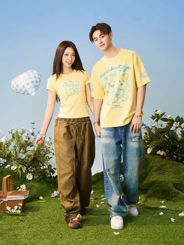 Playful Puppy Hand-Drawn Loose-Fitting Short Sleeve T-Shirt for Couples, Unisex, National Trend, Casual Streetwear