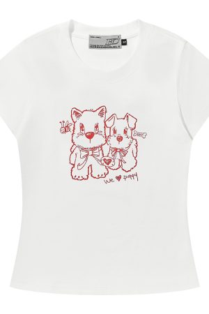 Playful Puppy Hand-Drawn Loose-Fitting Short Sleeve T-Shirt for Couples, Unisex, National Trend, Casual Streetwear