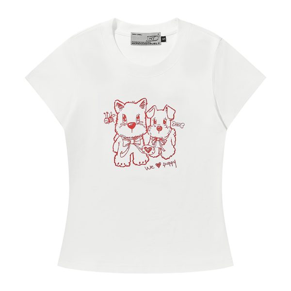 Playful Puppy Hand-Drawn Loose-Fitting Short Sleeve T-Shirt for Couples, Unisex, National Trend, Casual Streetwear