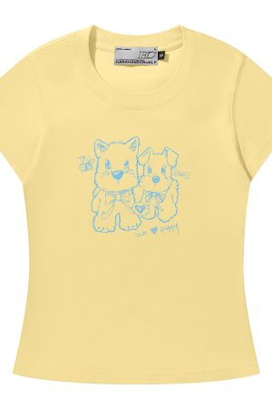 Playful Puppy Hand-Drawn Loose-Fitting Short Sleeve T-Shirt for Couples, Unisex, National Trend, Casual Streetwear