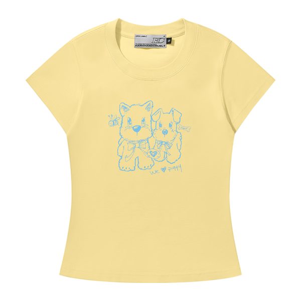 Playful Puppy Hand-Drawn Loose-Fitting Short Sleeve T-Shirt for Couples, Unisex, National Trend, Casual Streetwear