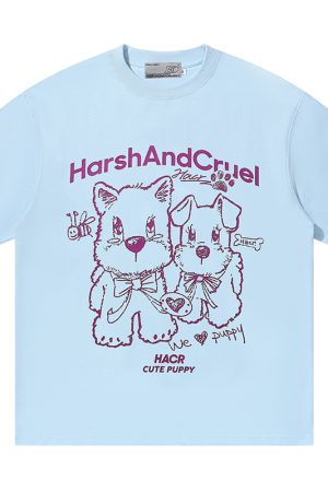 Playful Puppy Hand-Drawn Loose-Fitting Short Sleeve T-Shirt for Couples, Unisex, National Trend, Casual Streetwear