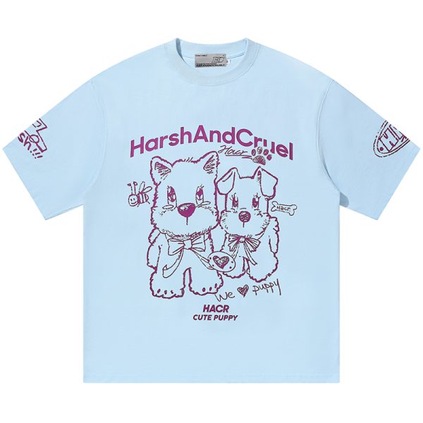 Playful Puppy Hand-Drawn Loose-Fitting Short Sleeve T-Shirt for Couples, Unisex, National Trend, Casual Streetwear