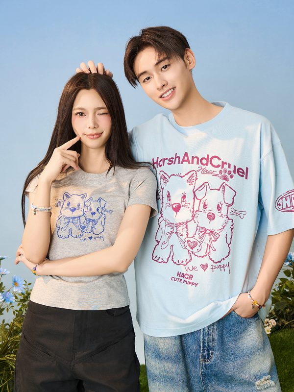 Playful Puppy Hand-Drawn Loose-Fitting Short Sleeve T-Shirt for Couples, Unisex, National Trend, Casual Streetwear