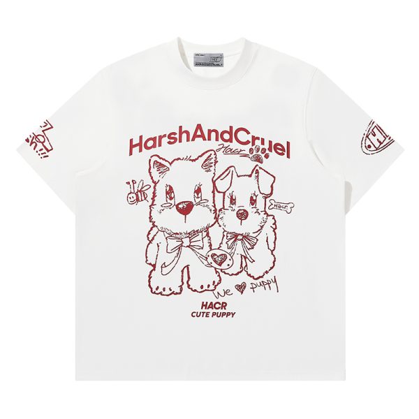 Playful Puppy Hand-Drawn Loose-Fitting Short Sleeve T-Shirt for Couples, Unisex, National Trend, Casual Streetwear