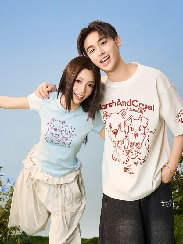 Playful Puppy Hand-Drawn Loose-Fitting Short Sleeve T-Shirt for Couples, Unisex, National Trend, Casual Streetwear