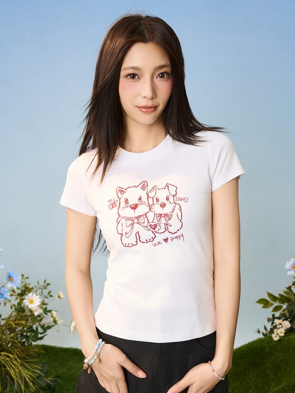 Playful Puppy Hand-Drawn Loose-Fitting Short Sleeve T-Shirt for Couples, Unisex, National Trend, Casual Streetwear