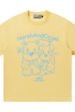 Playful Puppy Hand-Drawn Loose-Fitting Short Sleeve T-Shirt for Couples, Unisex, National Trend, Casual Streetwear