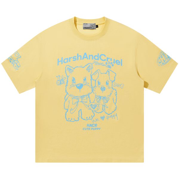 Playful Puppy Hand-Drawn Loose-Fitting Short Sleeve T-Shirt for Couples, Unisex, National Trend, Casual Streetwear