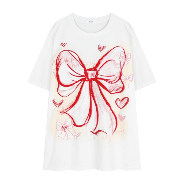 Plus Size American Retro Bow Tie Printed Cotton Short-Sleeve T-Shirt for Women - Loose Mid-Length Casual Style Top