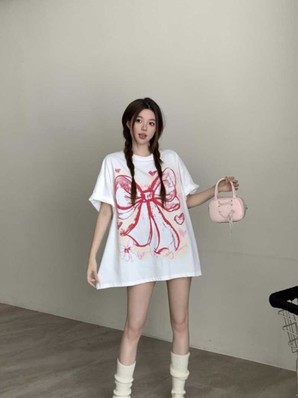 Plus Size American Retro Bow Tie Printed Cotton Short-Sleeve T-Shirt for Women - Loose Mid-Length Casual Style Top